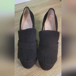French Sole fs/ny Tassel Loafer Chunky Heel Fringe Suede Black 7